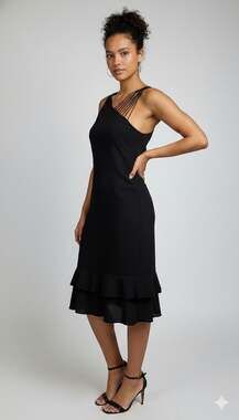 Vtge Cocktail dress sz12 black poly/crepe double flounce Joneswear pullon90'sY2K